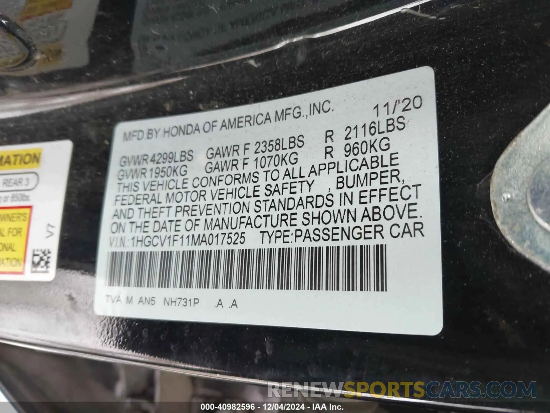 9 fotografías del automóvil dañado 1HGCV1F11MA017525 HONDA ACCORD 2021
