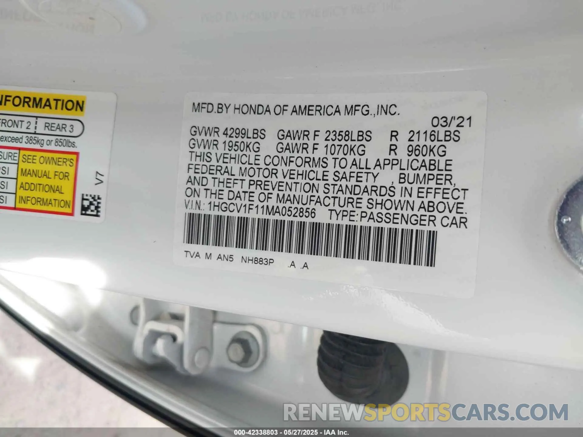 9 fotografías del automóvil dañado 1HGCV1F11MA052856 HONDA ACCORD 2021