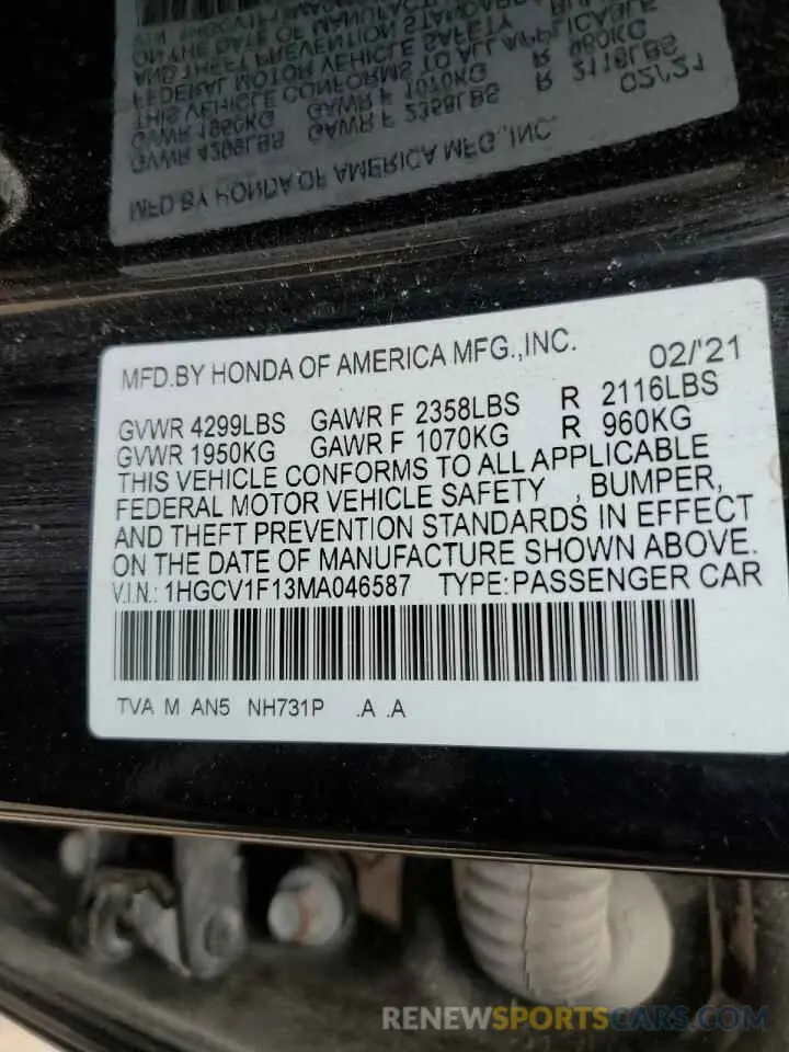 12 fotografías del automóvil dañado 1HGCV1F13MA046587 HONDA ACCORD 2021