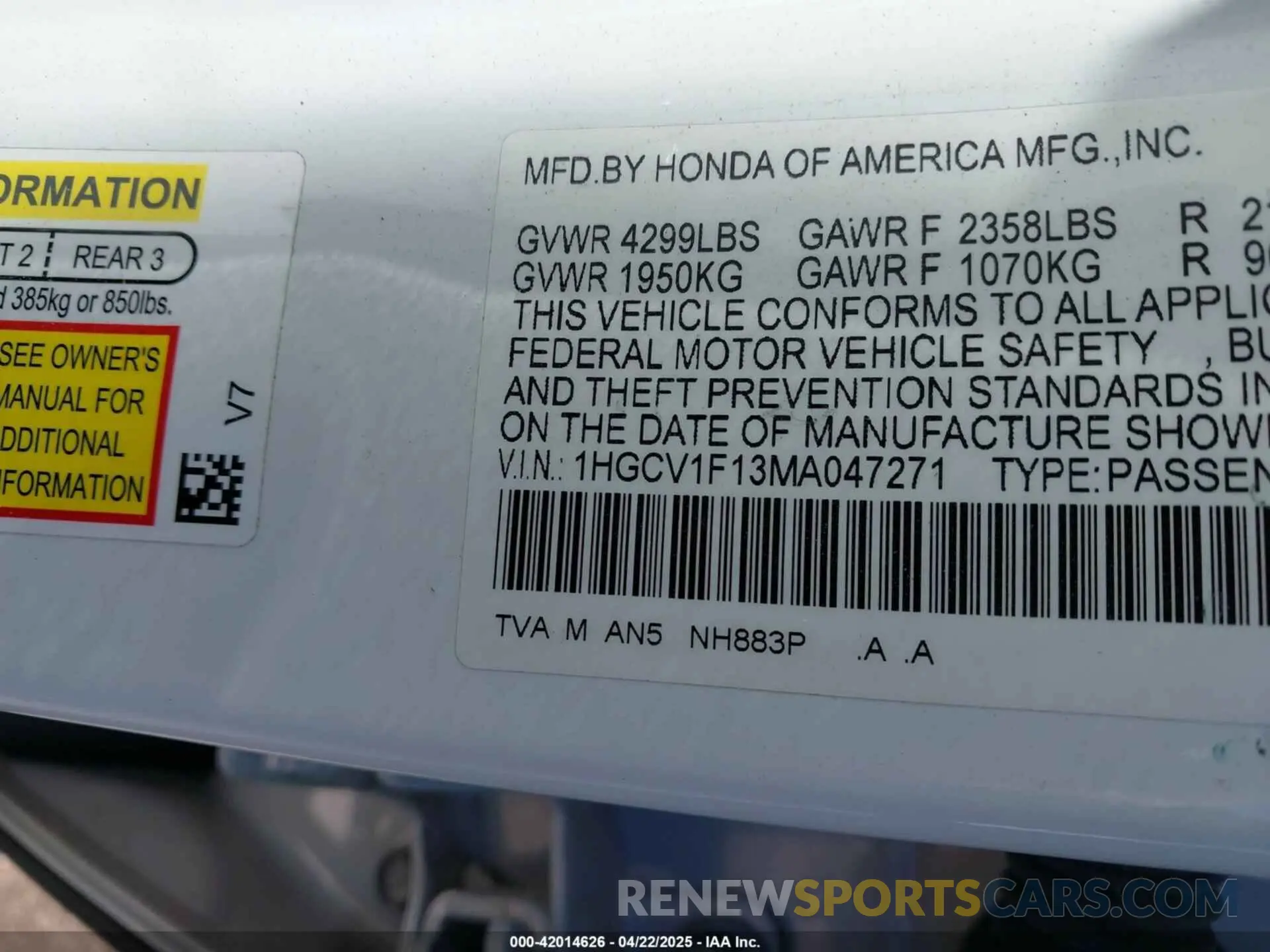 9 fotografías del automóvil dañado 1HGCV1F13MA047271 HONDA ACCORD 2021
