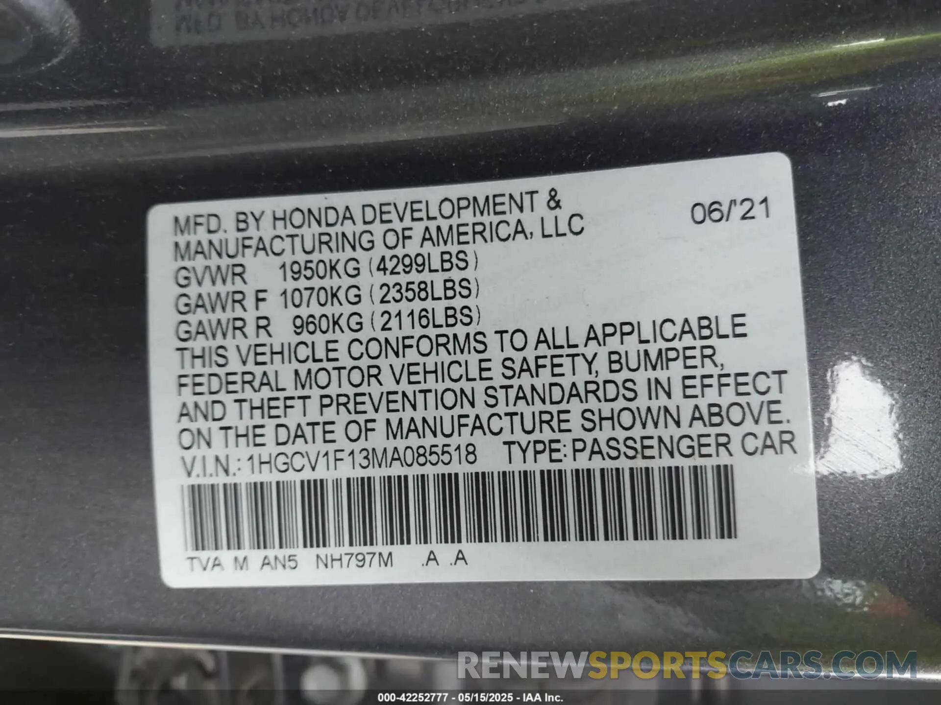 9 fotografías del automóvil dañado 1HGCV1F13MA085518 HONDA ACCORD 2021
