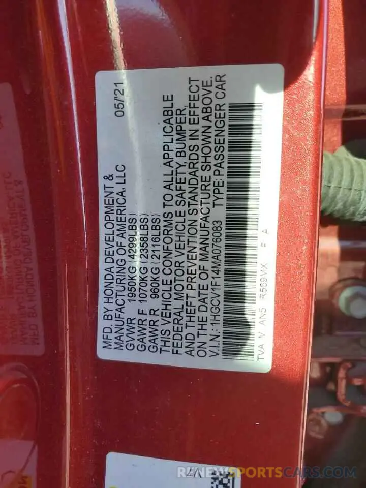 14 fotografías del automóvil dañado 1HGCV1F14MA076083 HONDA ACCORD 2021
