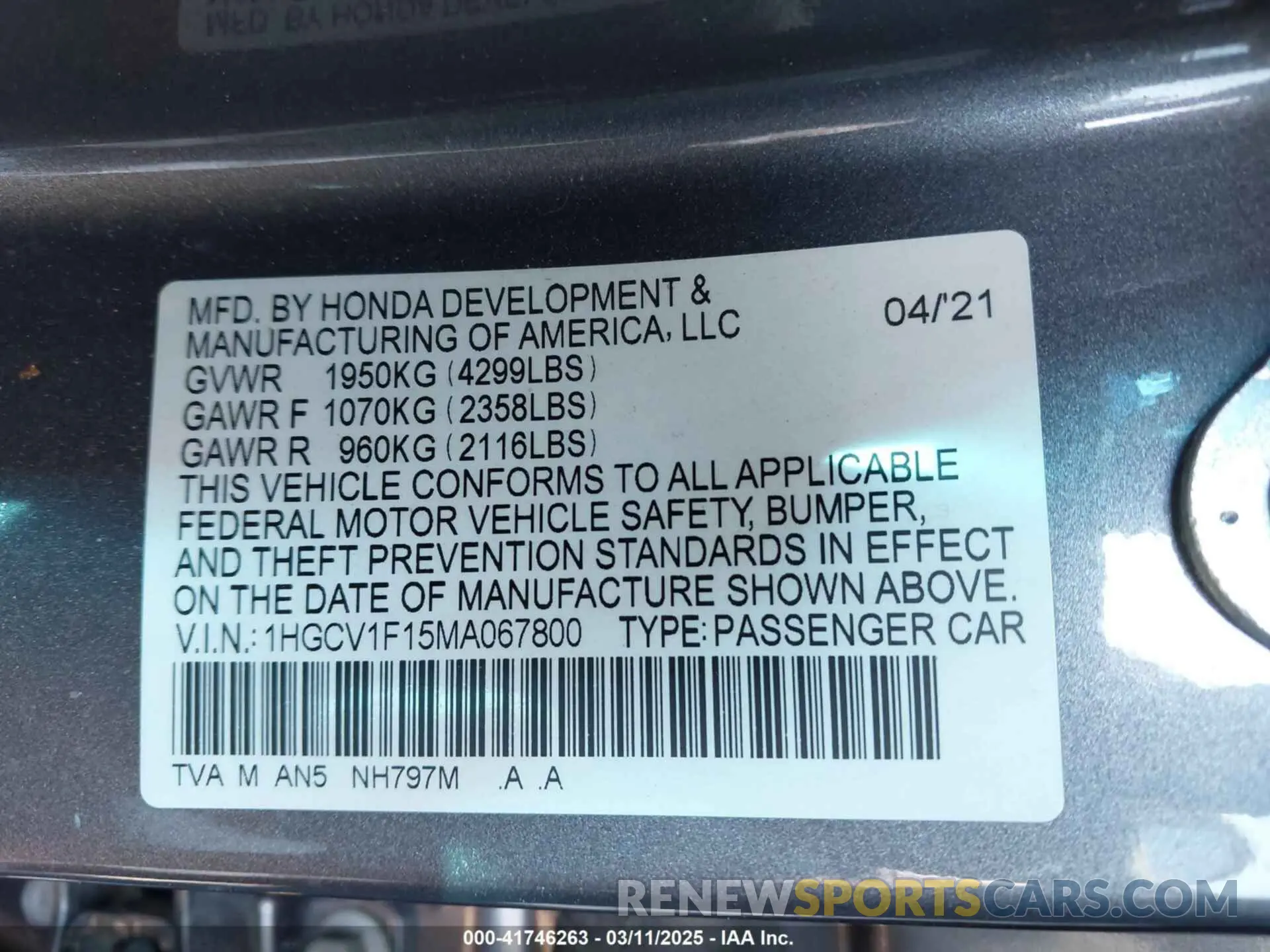 9 fotografías del automóvil dañado 1HGCV1F15MA067800 HONDA ACCORD 2021