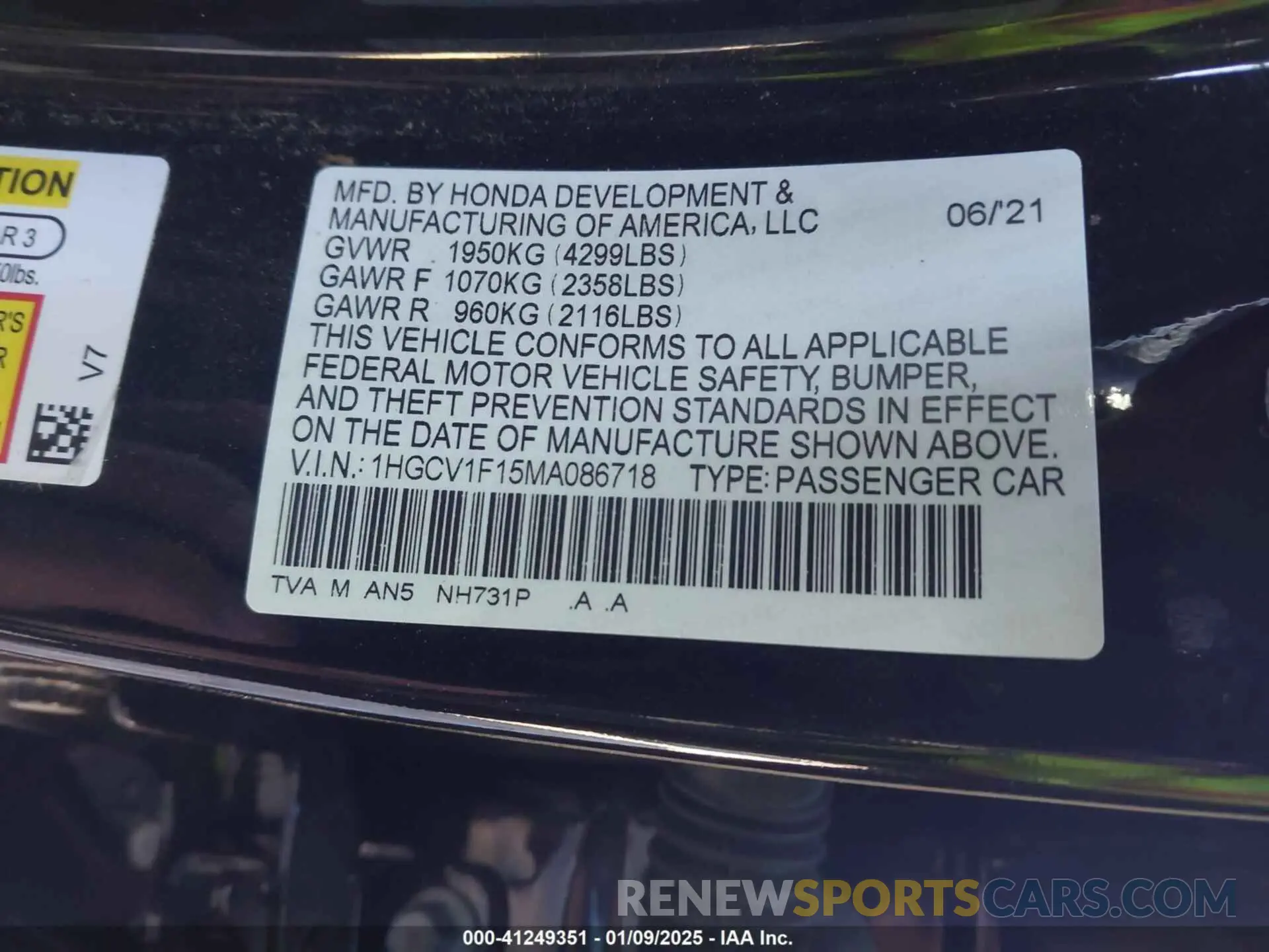 9 fotografías del automóvil dañado 1HGCV1F15MA086718 HONDA ACCORD 2021