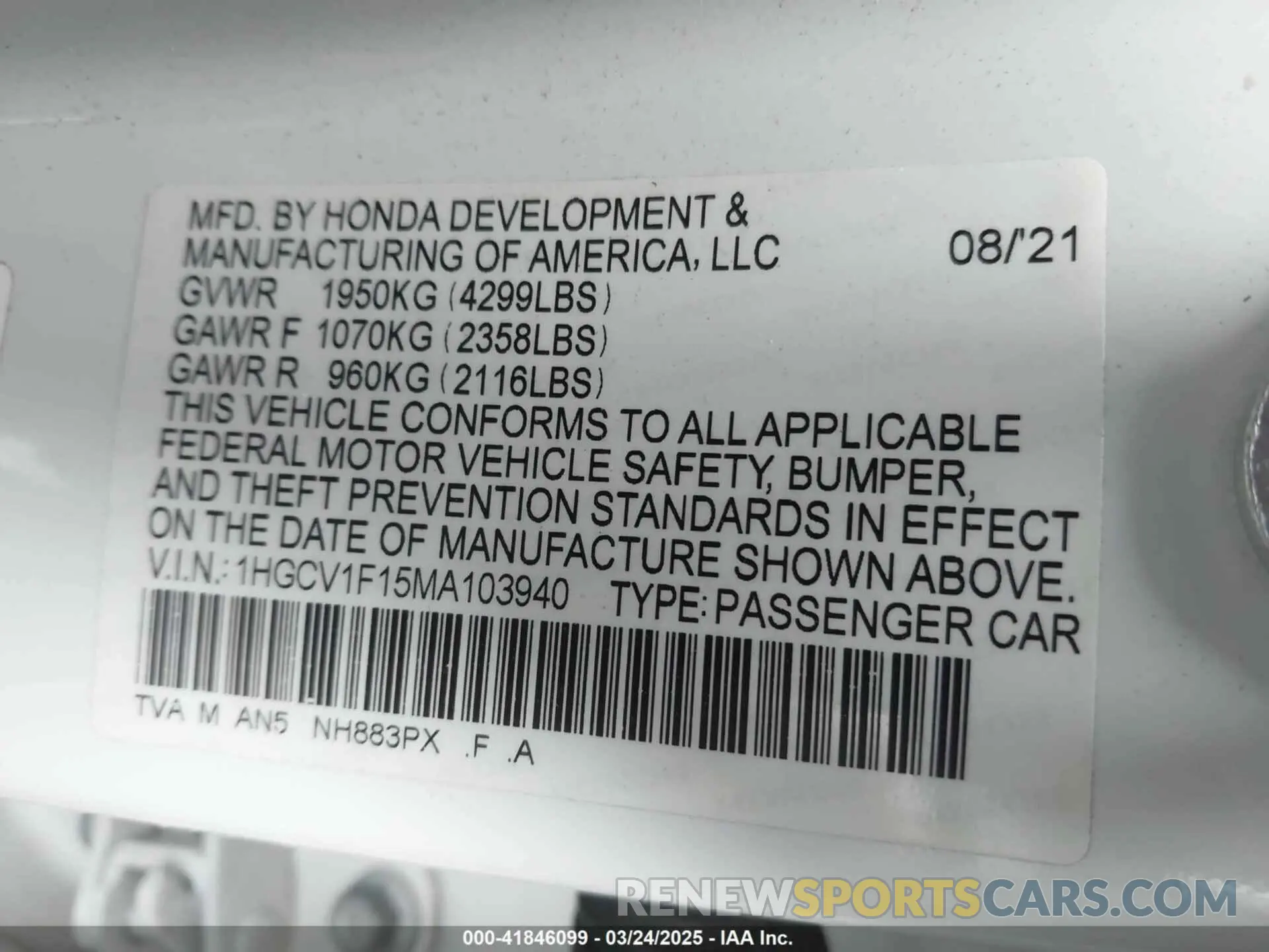 9 fotografías del automóvil dañado 1HGCV1F15MA103940 HONDA ACCORD 2021