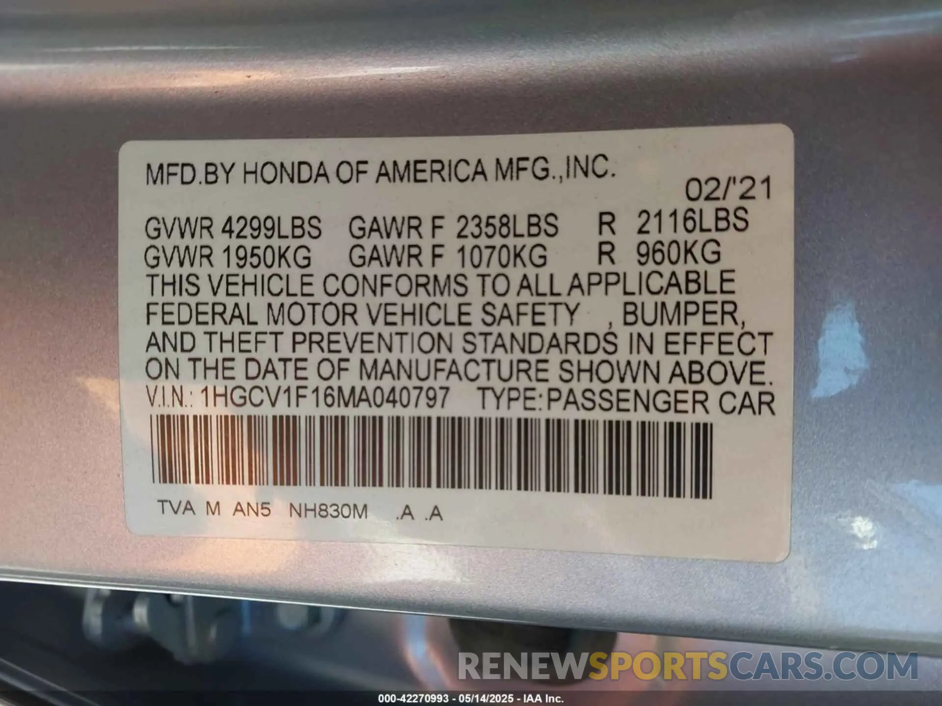 9 fotografías del automóvil dañado 1HGCV1F16MA040797 HONDA ACCORD 2021