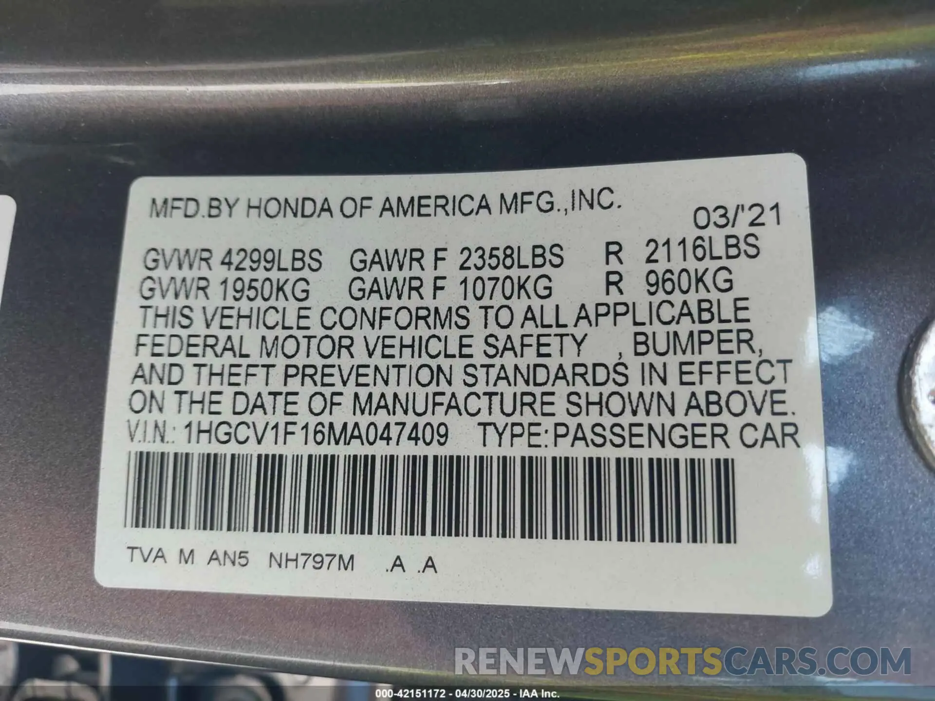9 fotografías del automóvil dañado 1HGCV1F16MA047409 HONDA ACCORD 2021