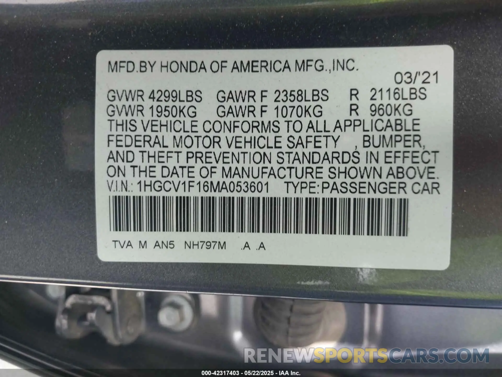9 fotografías del automóvil dañado 1HGCV1F16MA053601 HONDA ACCORD 2021