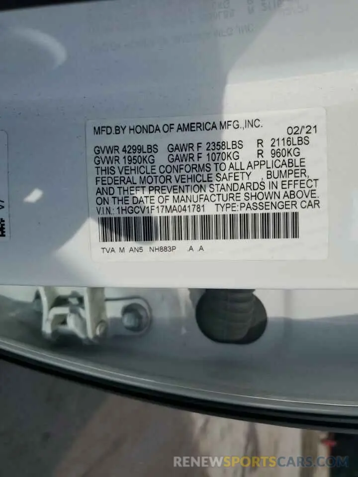 12 fotografías del automóvil dañado 1HGCV1F17MA041781 HONDA ACCORD 2021