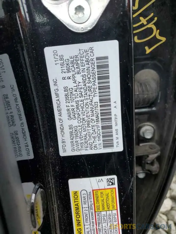 12 fotografías del automóvil dañado 1HGCV1F18MA017523 HONDA ACCORD 2021