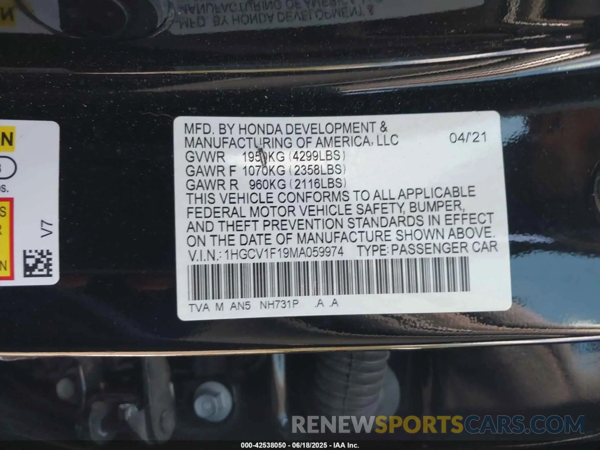 9 fotografías del automóvil dañado 1HGCV1F19MA059974 HONDA ACCORD 2021