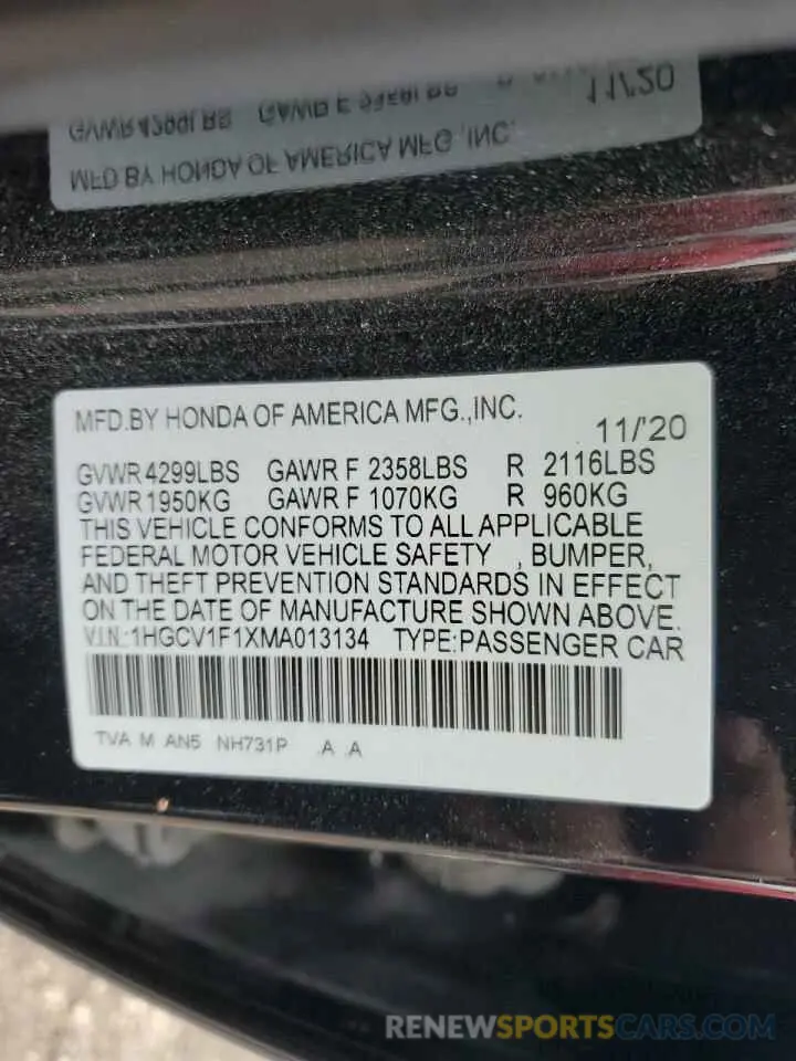 13 fotografías del automóvil dañado 1HGCV1F1XMA013134 HONDA ACCORD 2021