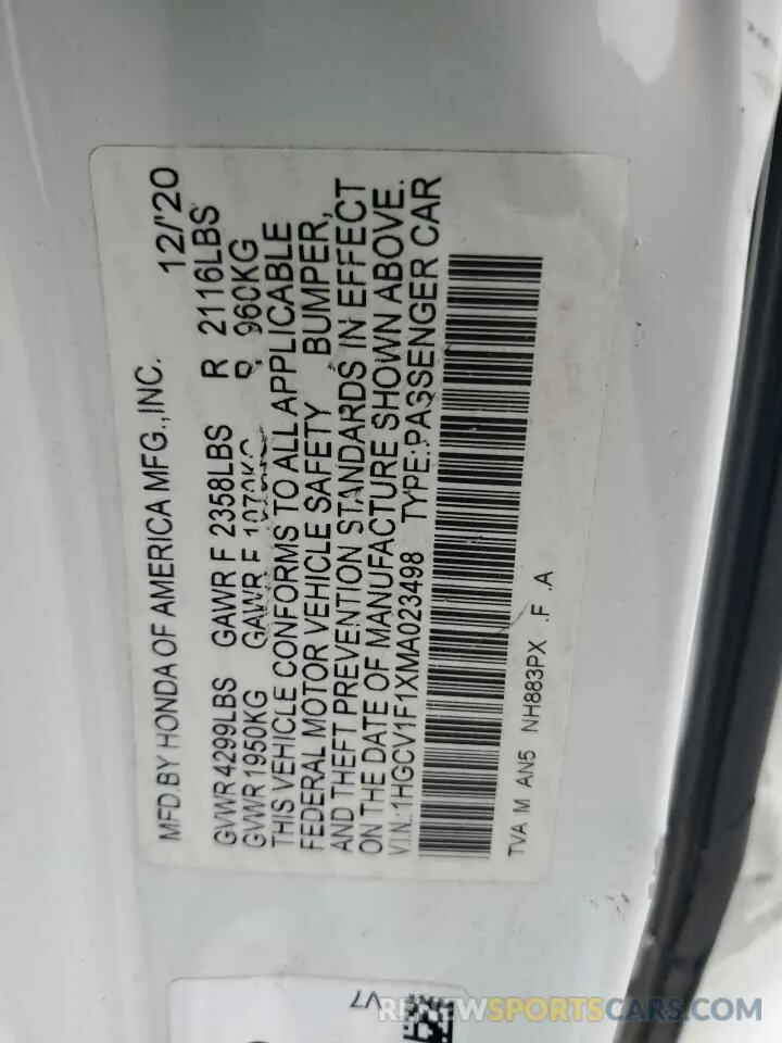 15 fotografías del automóvil dañado 1HGCV1F1XMA023498 HONDA ACCORD 2021