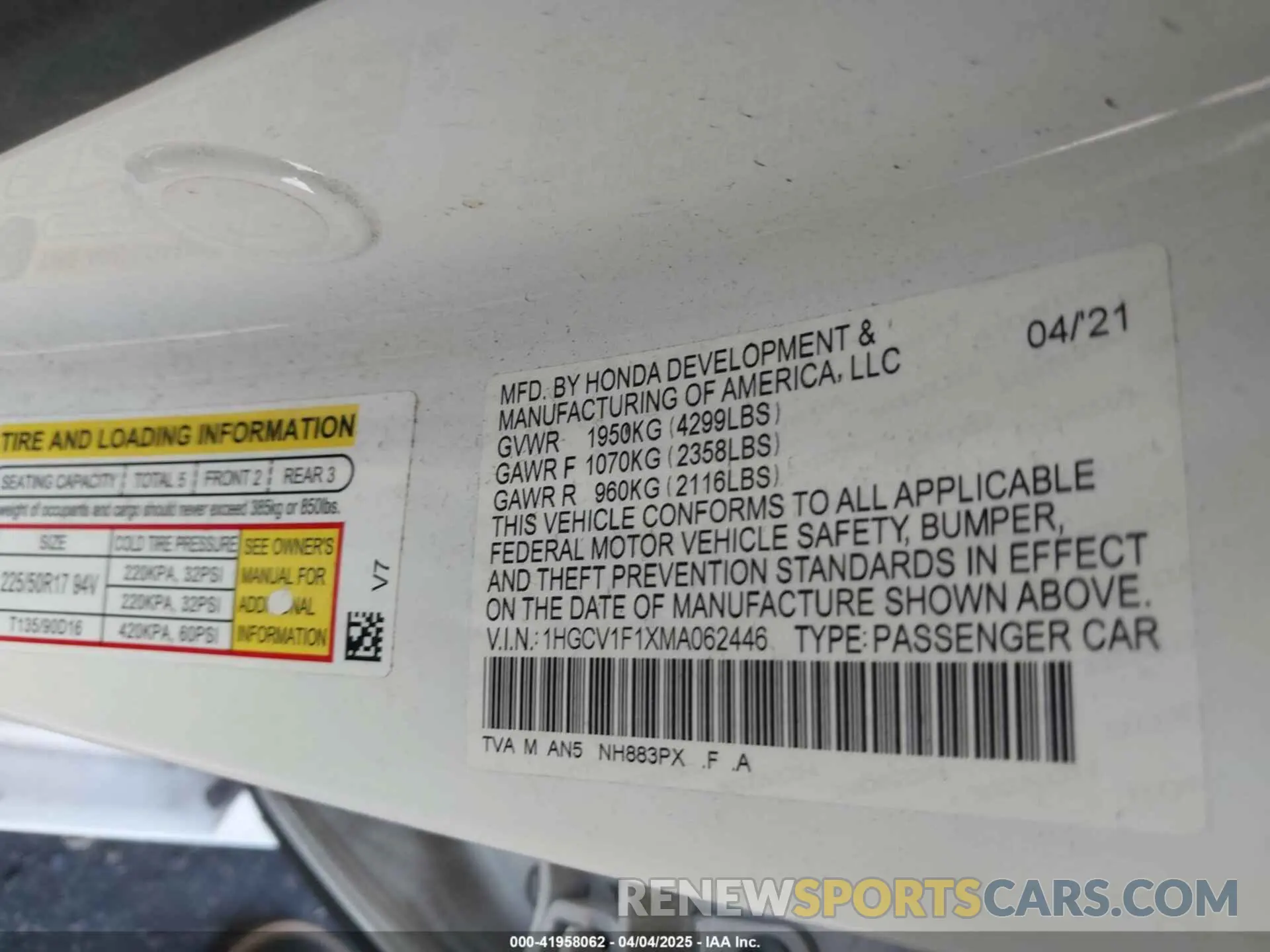 9 fotografías del automóvil dañado 1HGCV1F1XMA062446 HONDA ACCORD 2021