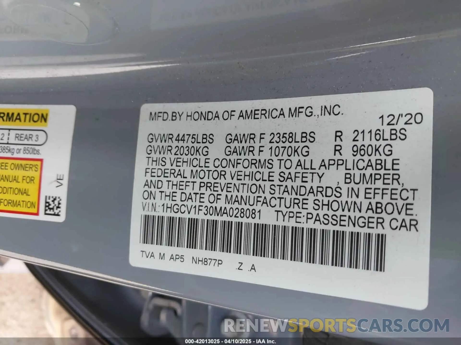 9 fotografías del automóvil dañado 1HGCV1F30MA028081 HONDA ACCORD 2021