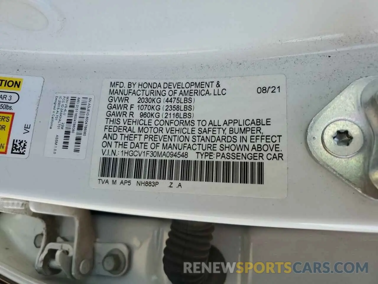 12 fotografías del automóvil dañado 1HGCV1F30MA094548 HONDA ACCORD 2021