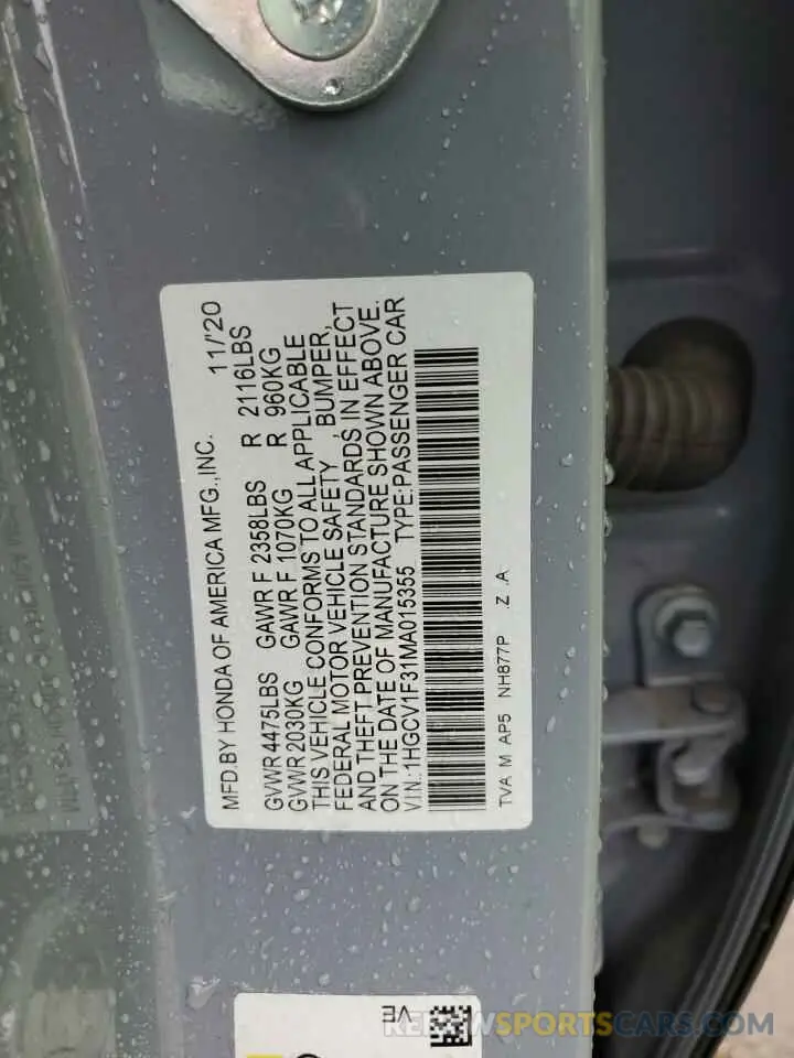 14 fotografías del automóvil dañado 1HGCV1F31MA015355 HONDA ACCORD 2021