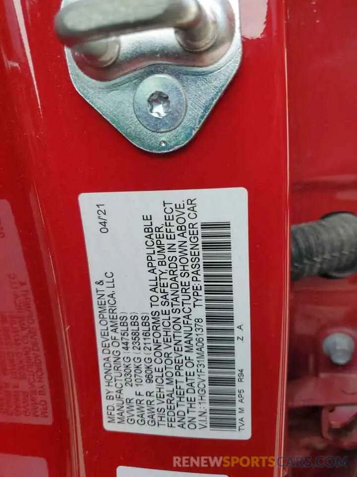 12 fotografías del automóvil dañado 1HGCV1F31MA061378 HONDA ACCORD 2021