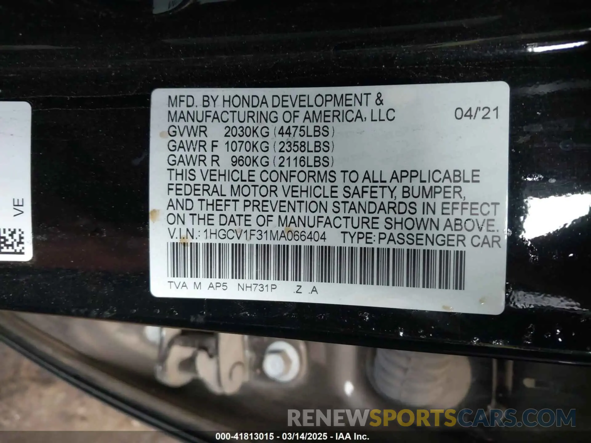 9 fotografías del automóvil dañado 1HGCV1F31MA066404 HONDA ACCORD 2021