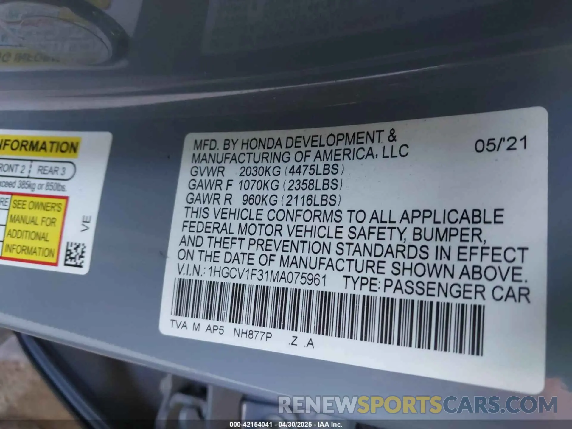 9 fotografías del automóvil dañado 1HGCV1F31MA075961 HONDA ACCORD 2021