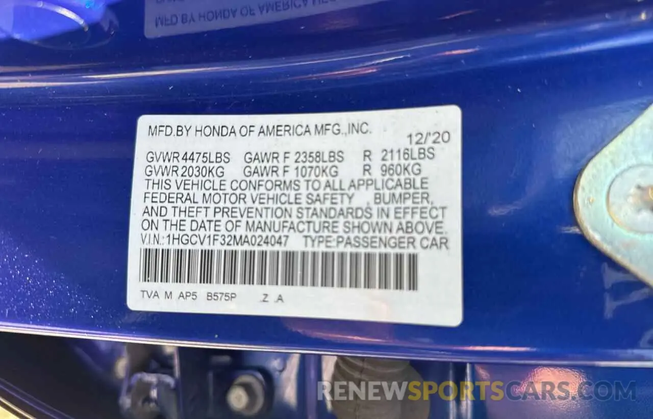 10 fotografías del automóvil dañado 1HGCV1F32MA024047 HONDA ACCORD 2021