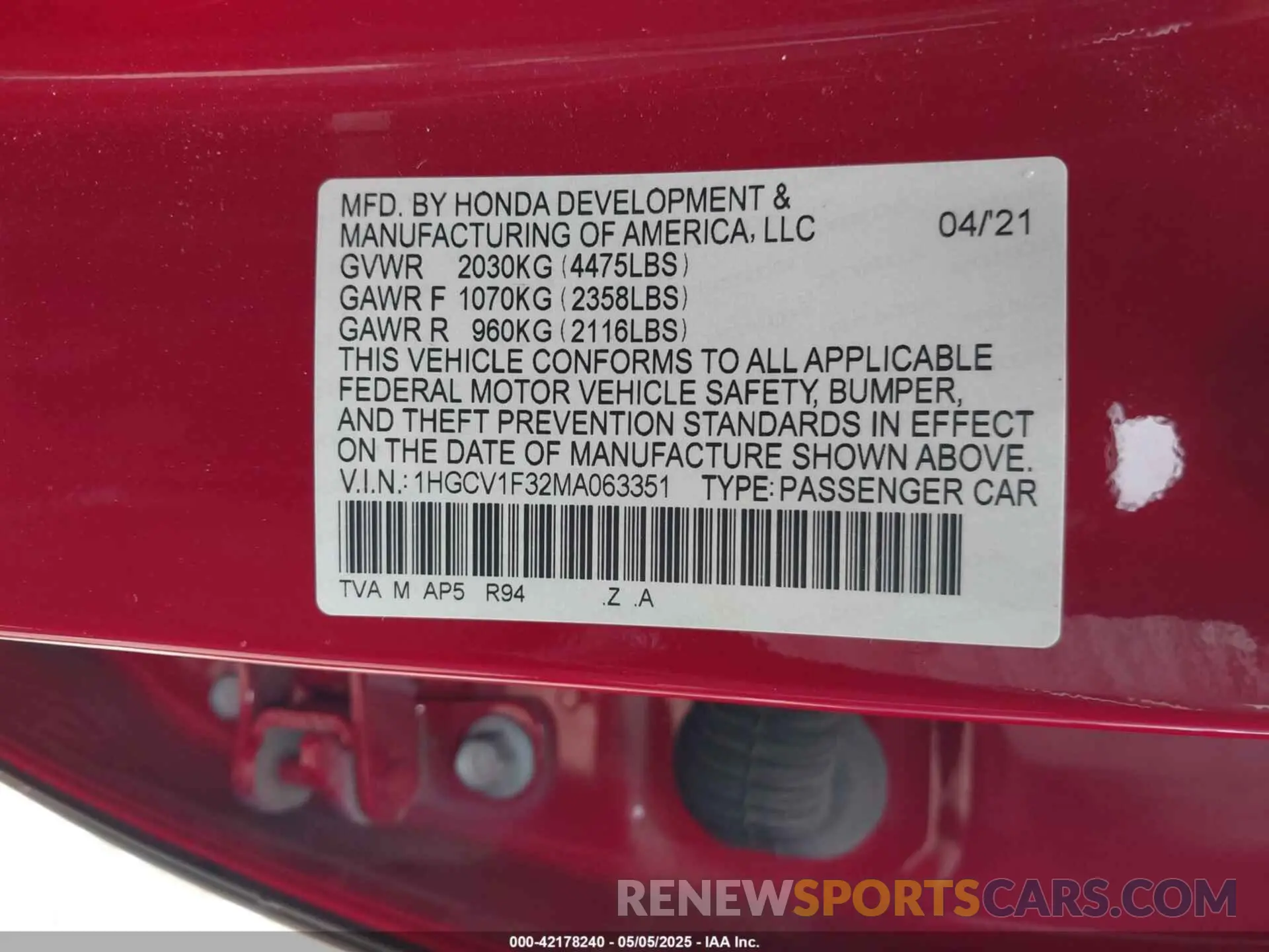 9 fotografías del automóvil dañado 1HGCV1F32MA063351 HONDA ACCORD 2021