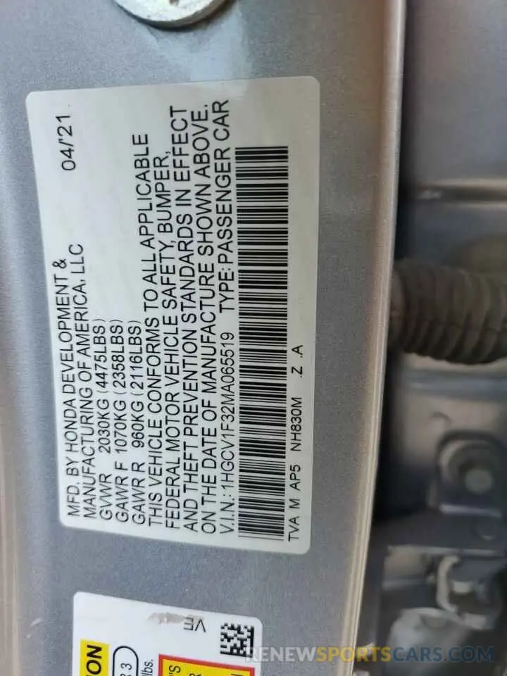13 fotografías del automóvil dañado 1HGCV1F32MA065519 HONDA ACCORD 2021