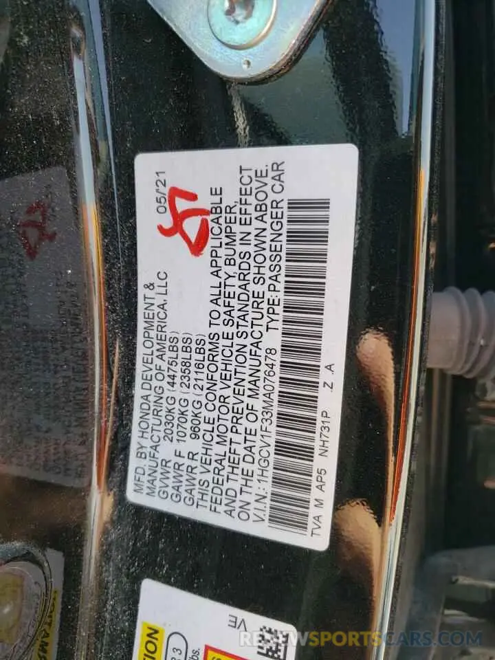 14 fotografías del automóvil dañado 1HGCV1F33MA076478 HONDA ACCORD 2021