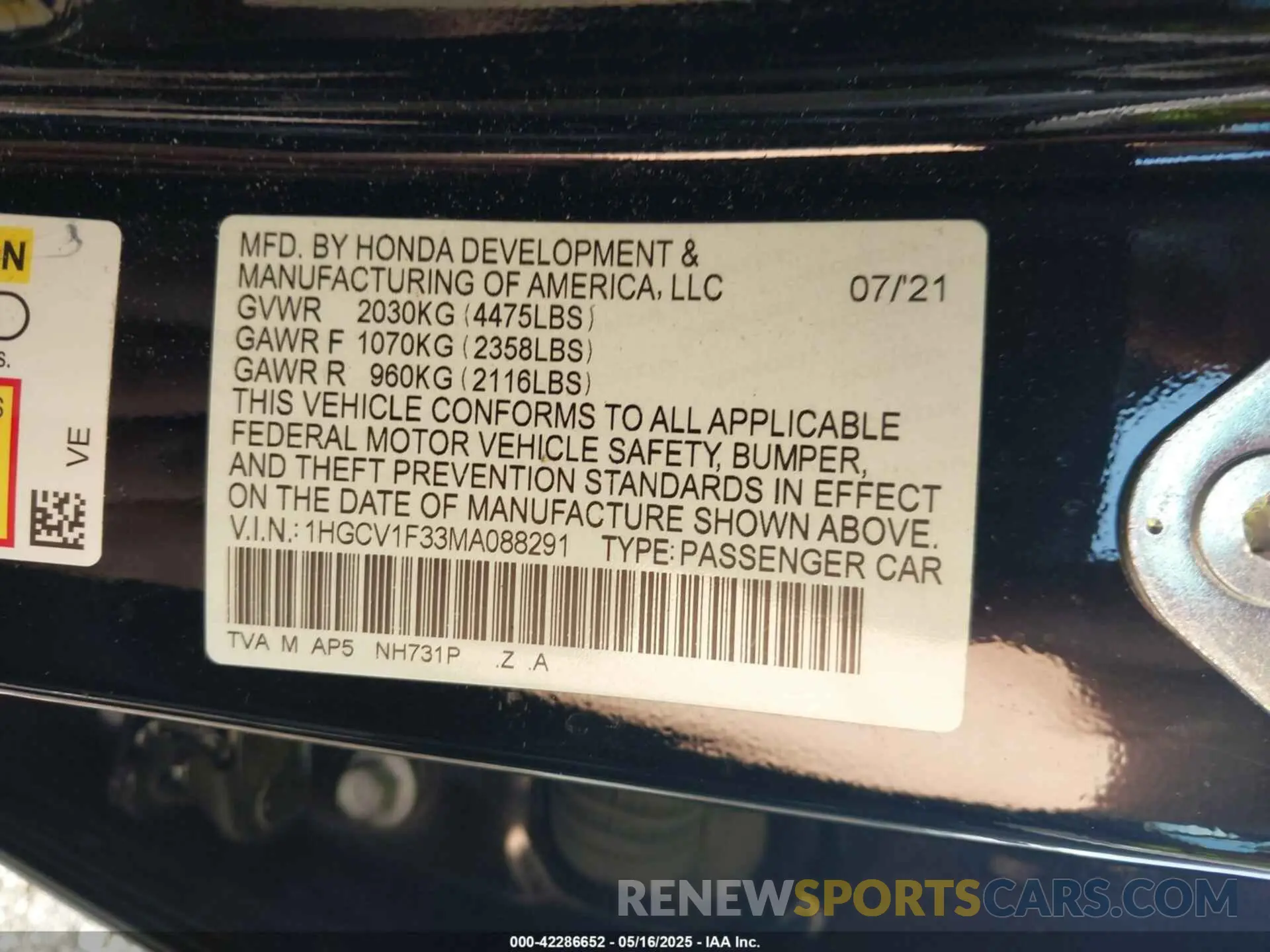 9 fotografías del automóvil dañado 1HGCV1F33MA088291 HONDA ACCORD 2021