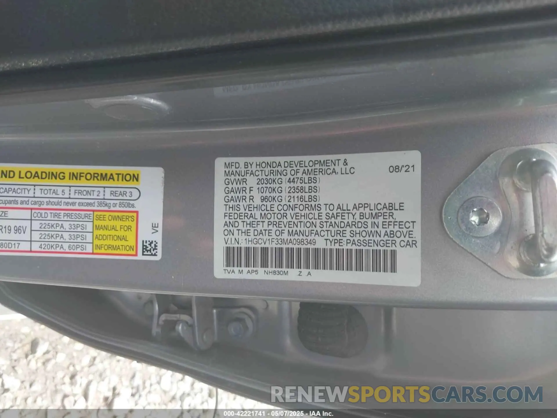 9 fotografías del automóvil dañado 1HGCV1F33MA098349 HONDA ACCORD 2021