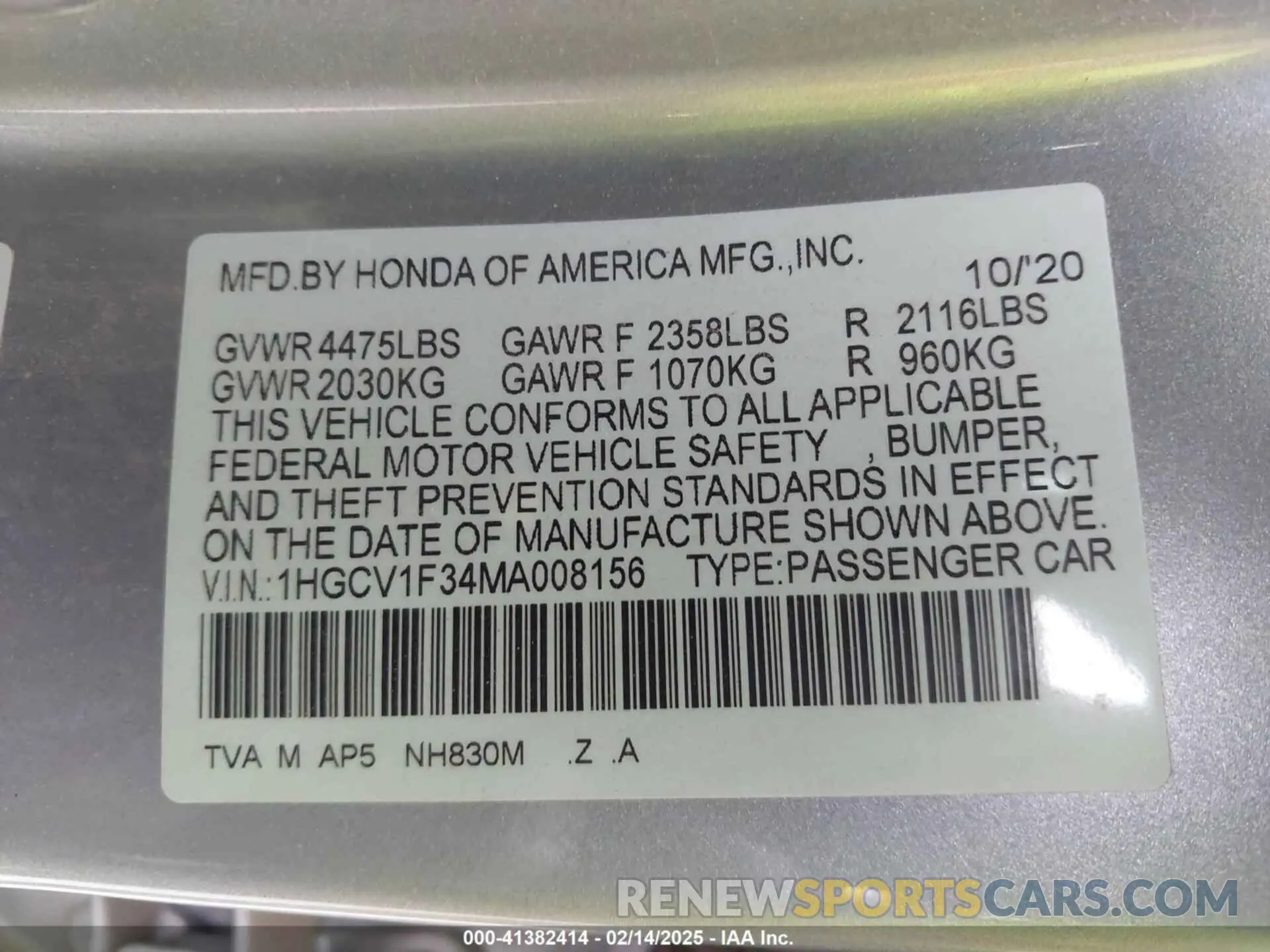 9 fotografías del automóvil dañado 1HGCV1F34MA008156 HONDA ACCORD 2021