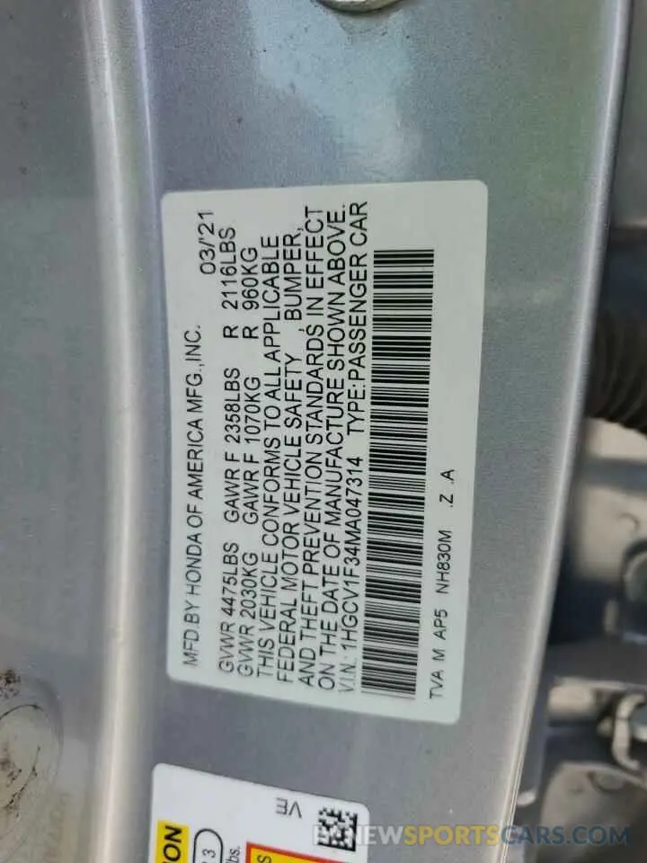 12 fotografías del automóvil dañado 1HGCV1F34MA047314 HONDA ACCORD 2021
