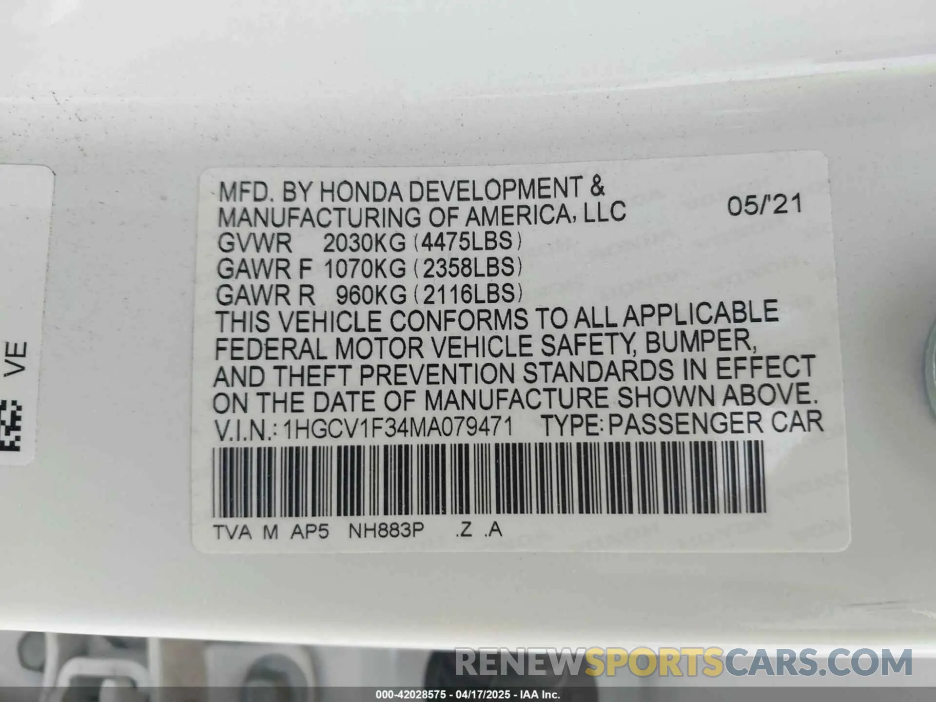 9 fotografías del automóvil dañado 1HGCV1F34MA079471 HONDA ACCORD 2021