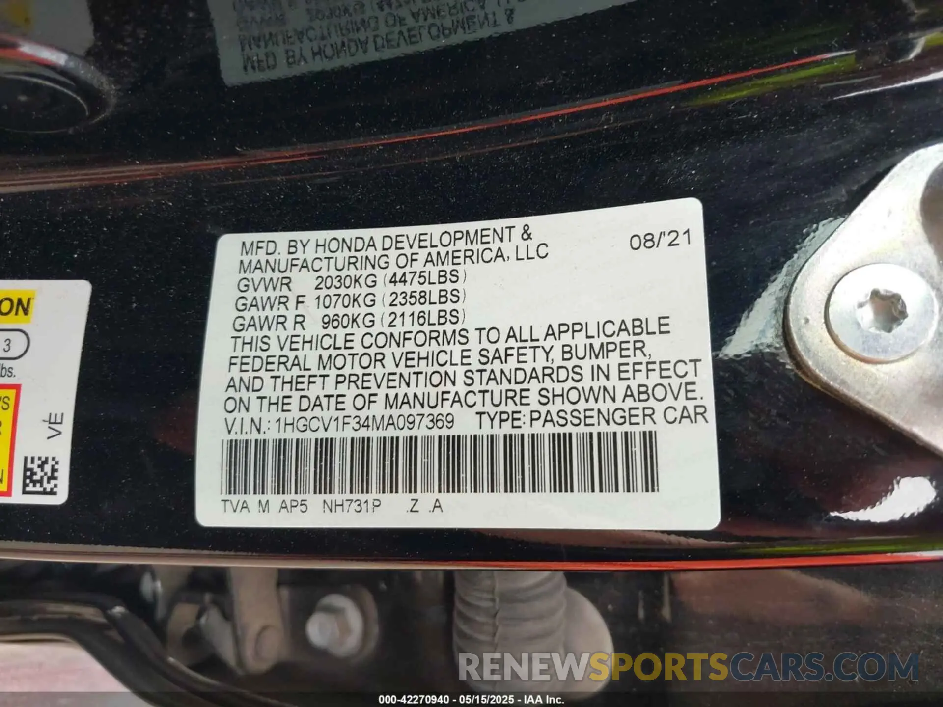 9 fotografías del automóvil dañado 1HGCV1F34MA097369 HONDA ACCORD 2021