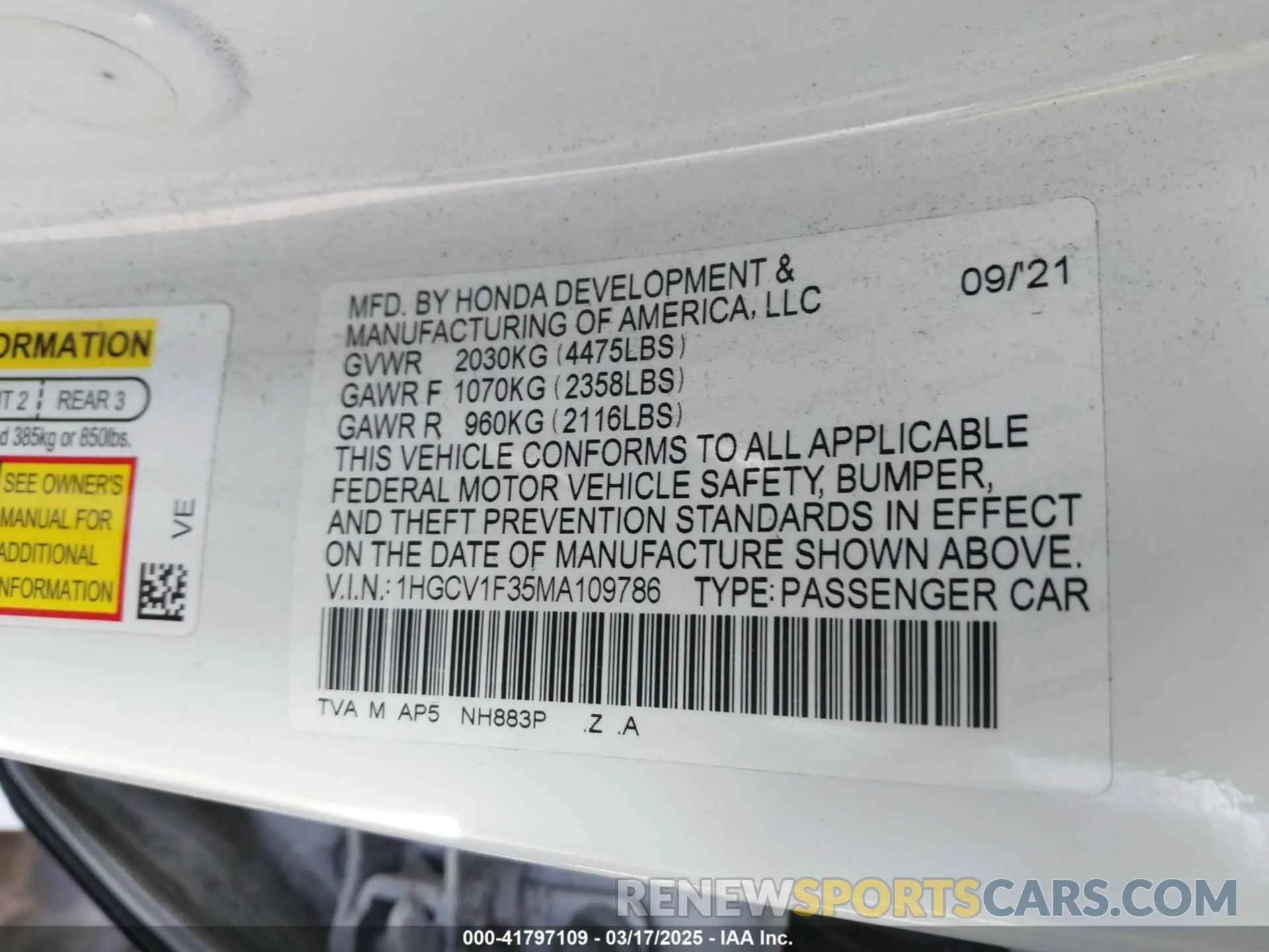 9 fotografías del automóvil dañado 1HGCV1F35MA109786 HONDA ACCORD 2021