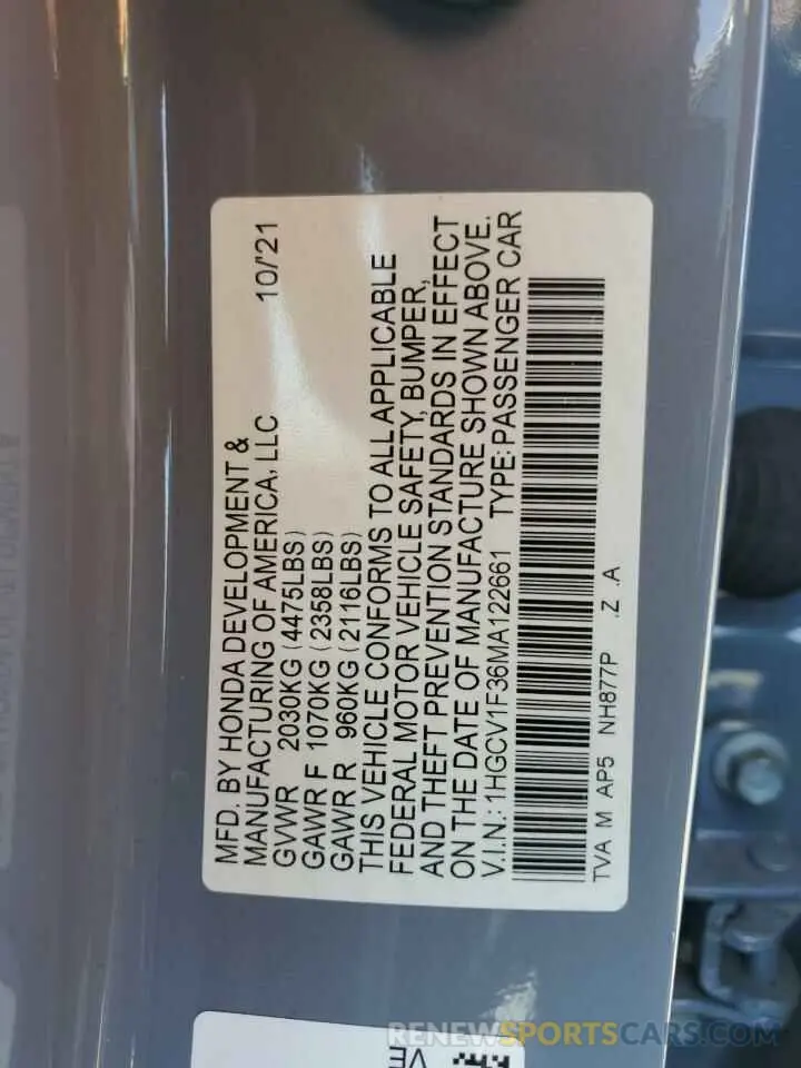 12 fotografías del automóvil dañado 1HGCV1F36MA122661 HONDA ACCORD 2021