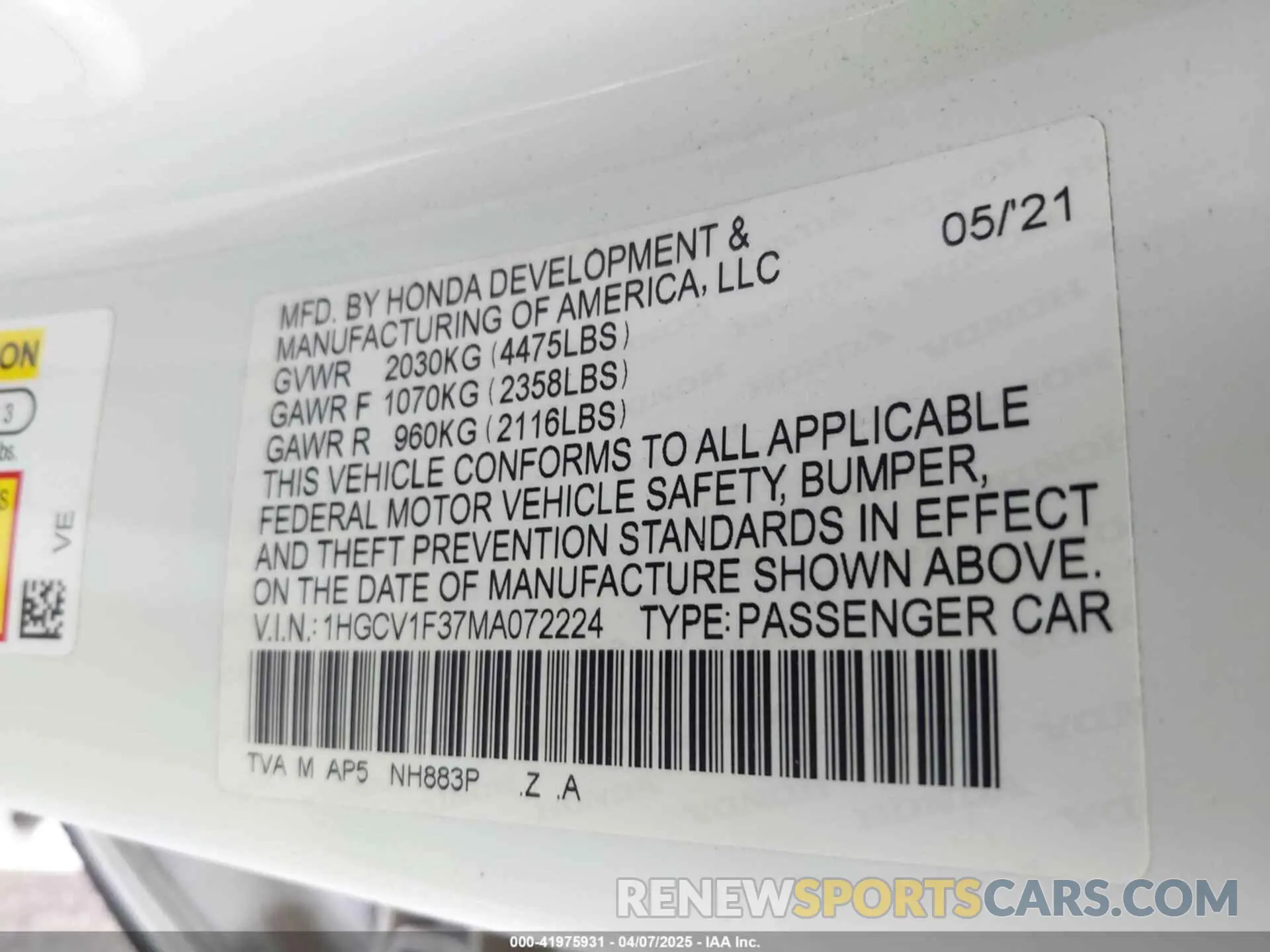 9 fotografías del automóvil dañado 1HGCV1F37MA072224 HONDA ACCORD 2021