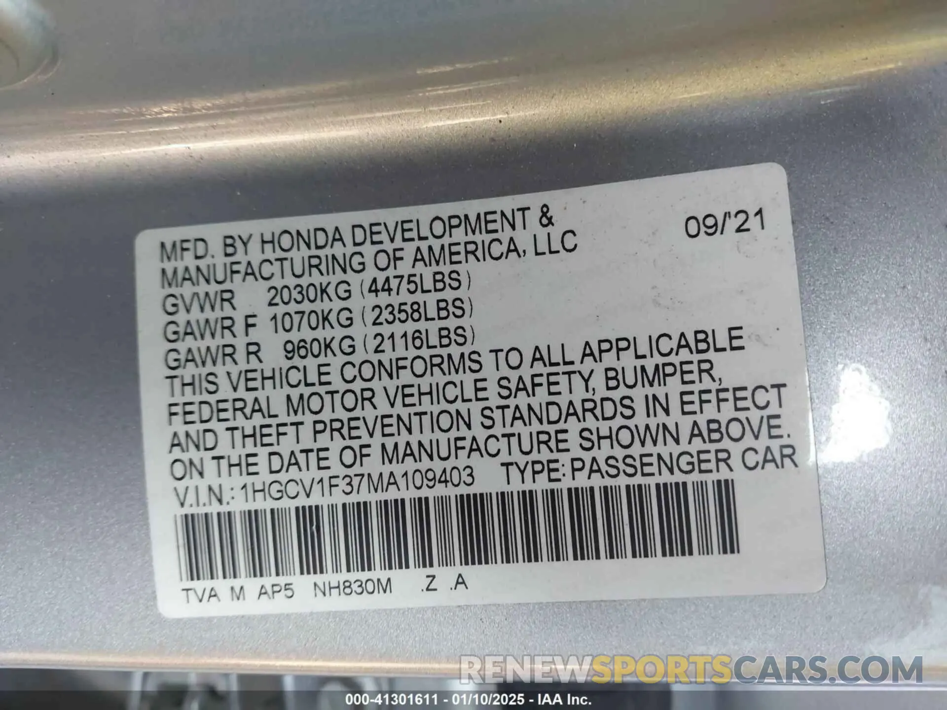 9 fotografías del automóvil dañado 1HGCV1F37MA109403 HONDA ACCORD 2021