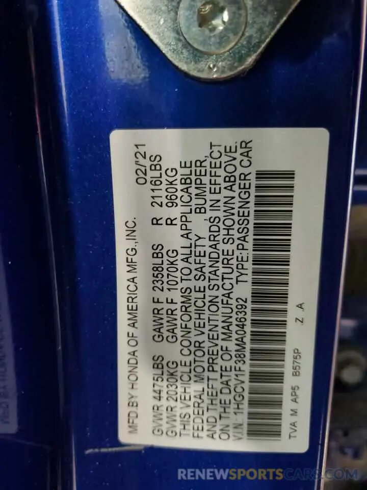 12 fotografías del automóvil dañado 1HGCV1F38MA046392 HONDA ACCORD 2021