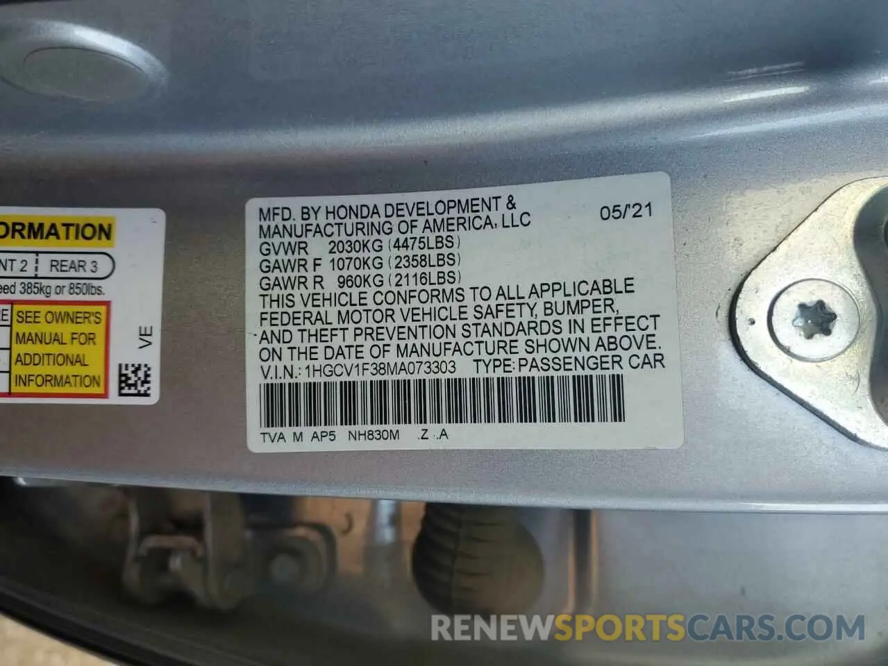 12 fotografías del automóvil dañado 1HGCV1F38MA073303 HONDA ACCORD 2021
