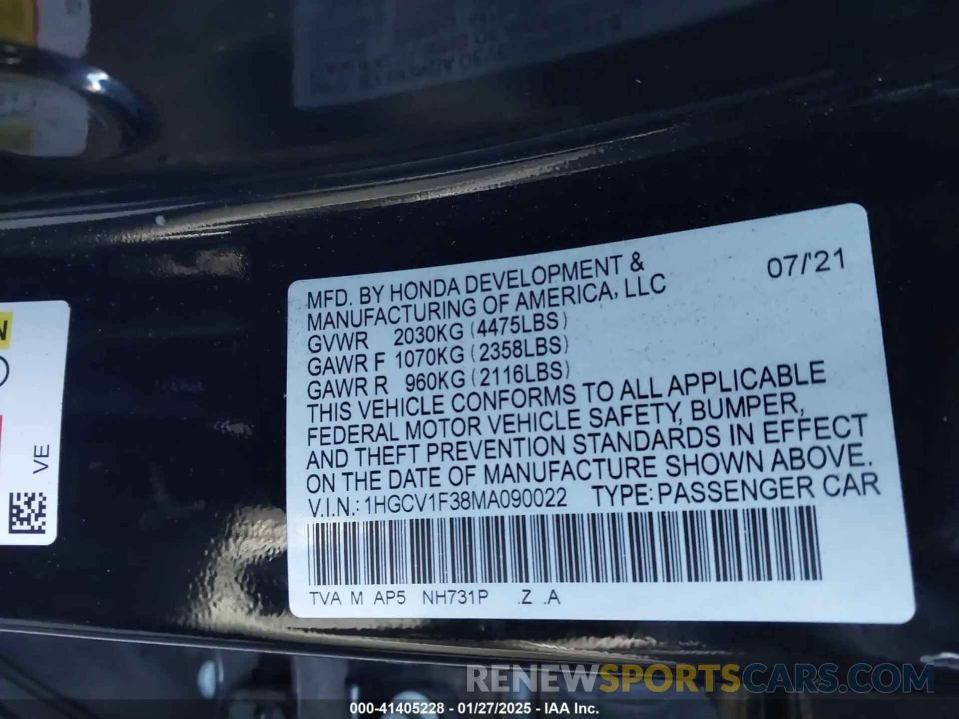 9 fotografías del automóvil dañado 1HGCV1F38MA090022 HONDA ACCORD 2021