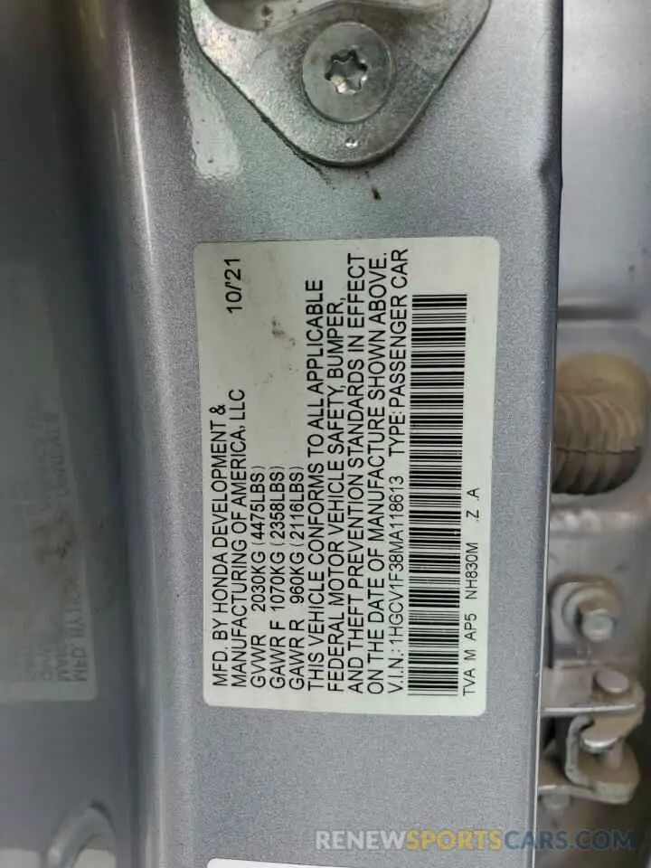 12 fotografías del automóvil dañado 1HGCV1F38MA118613 HONDA ACCORD 2021