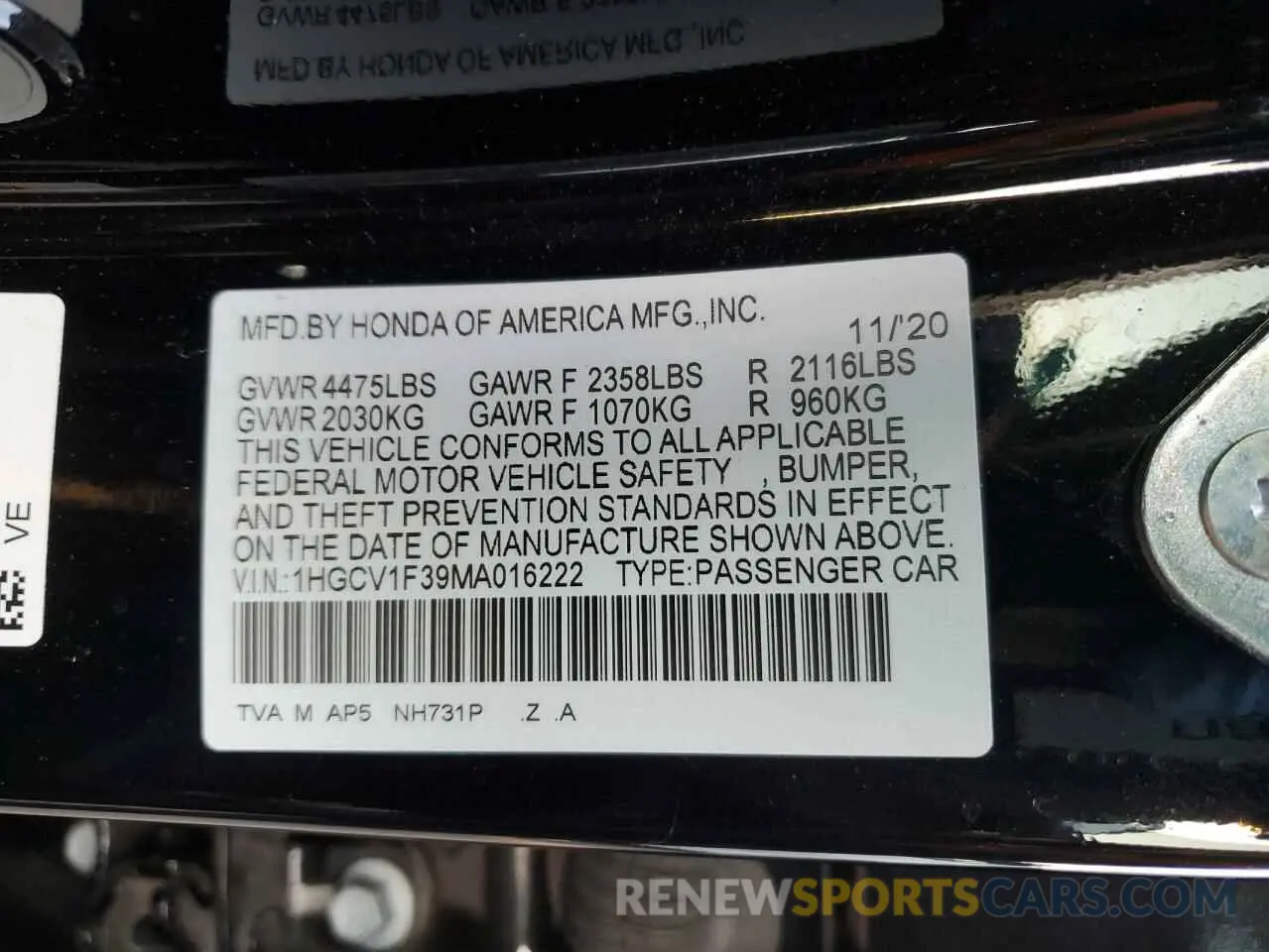 12 fotografías del automóvil dañado 1HGCV1F39MA016222 HONDA ACCORD 2021