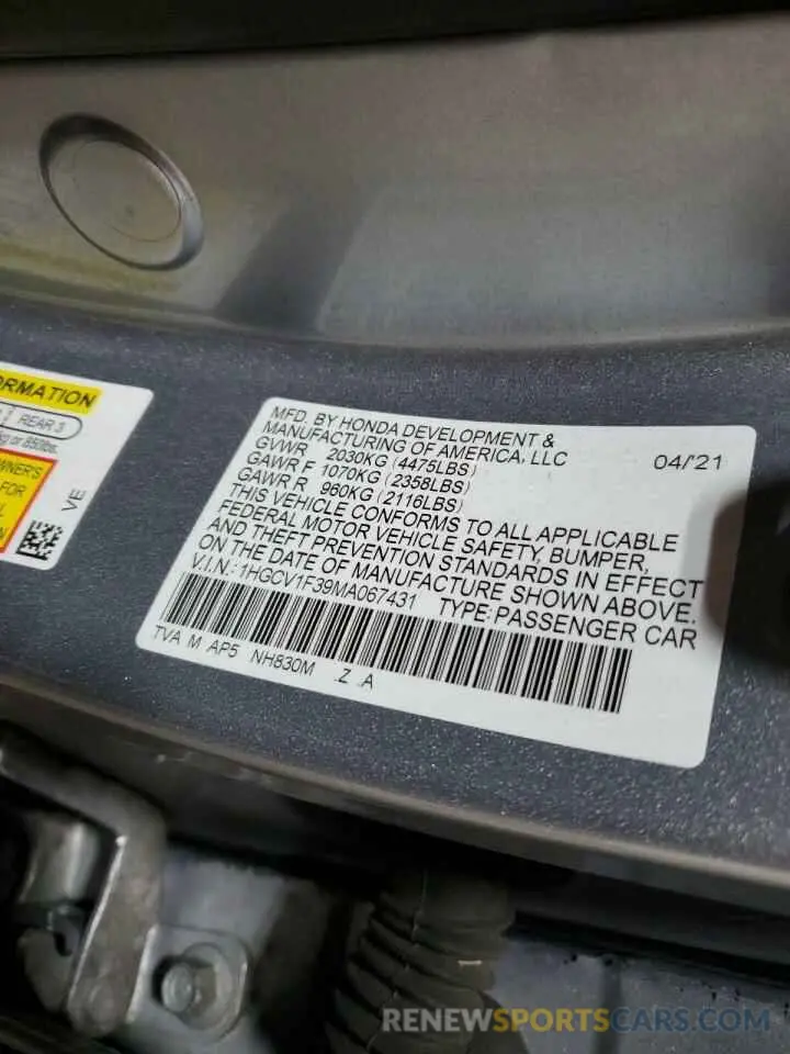14 fotografías del automóvil dañado 1HGCV1F39MA067431 HONDA ACCORD 2021