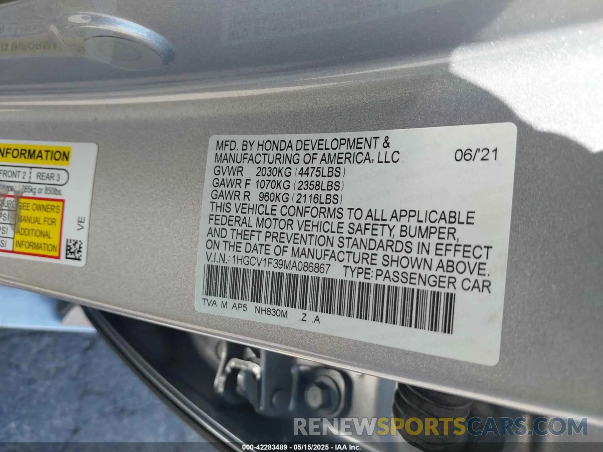 9 fotografías del automóvil dañado 1HGCV1F39MA086867 HONDA ACCORD 2021