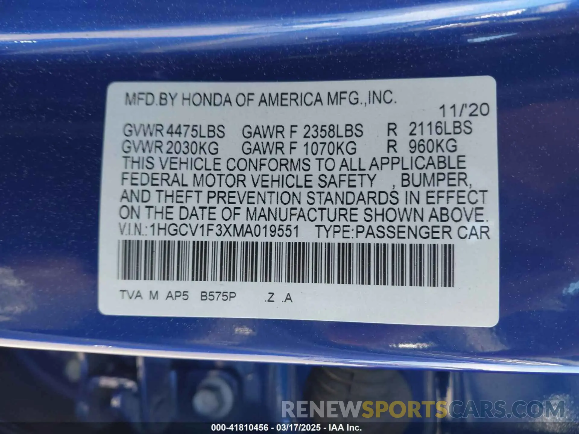 9 fotografías del automóvil dañado 1HGCV1F3XMA019551 HONDA ACCORD 2021
