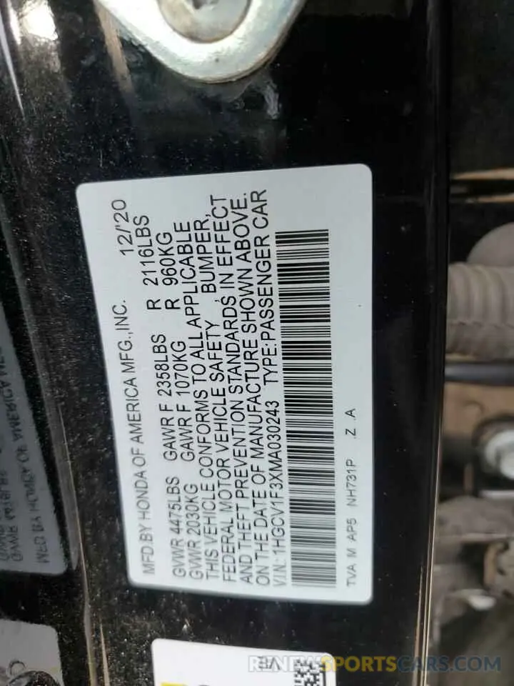 12 fotografías del automóvil dañado 1HGCV1F3XMA030243 HONDA ACCORD 2021
