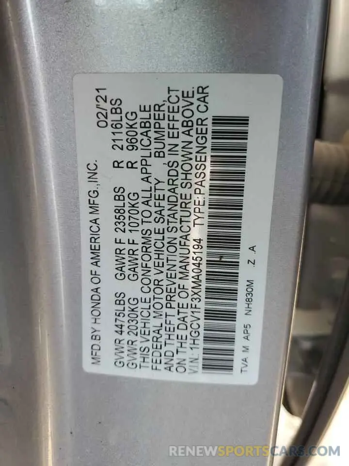 12 fotografías del automóvil dañado 1HGCV1F3XMA045194 HONDA ACCORD 2021