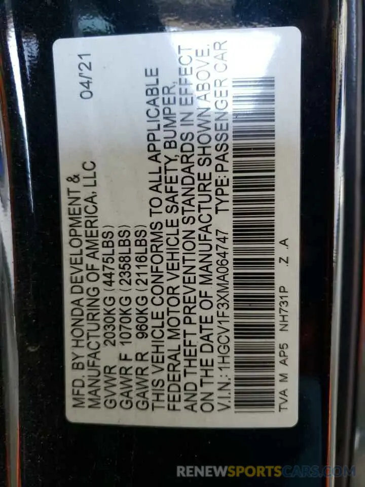 12 fotografías del automóvil dañado 1HGCV1F3XMA064747 HONDA ACCORD 2021