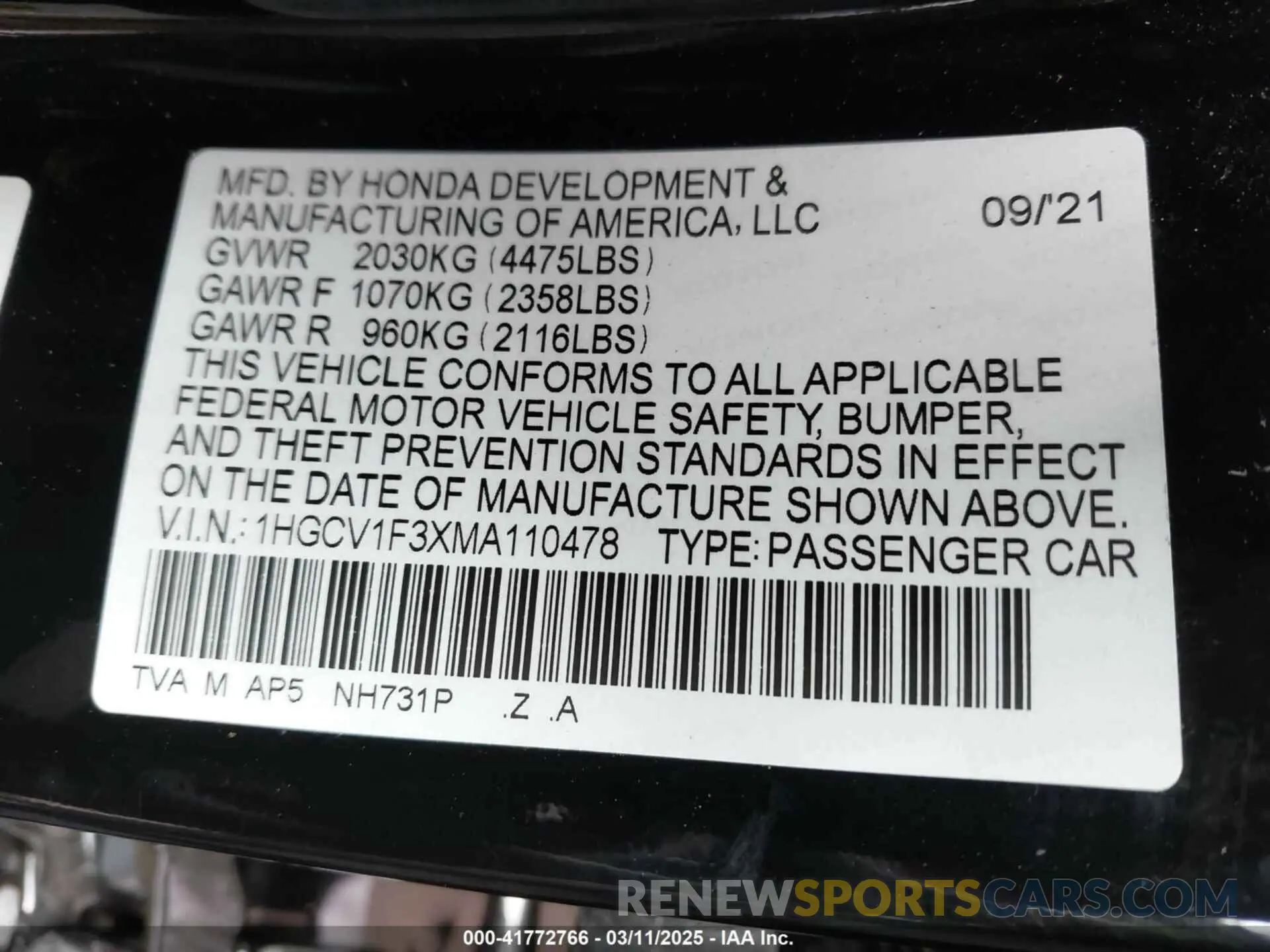 9 fotografías del automóvil dañado 1HGCV1F3XMA110478 HONDA ACCORD 2021